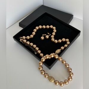 Champagne Faux Pearl Jewelry Set Necklace Bracelet Earrings